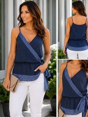 Banana Republic Wrap Tank Blouse Blue Geometric Print Tie Waist Size S